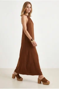 Olalook Women's Brown Halter Collar Chain Garnished Maxi Flowy Dress - Image 2