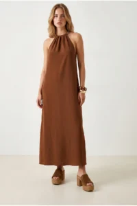 Olalook Women's Brown Halter Collar Chain Garnished Maxi Flowy Dress - Image 3