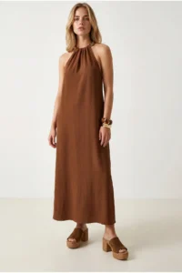 Olalook Women's Brown Halter Collar Chain Garnished Maxi Flowy Dress - Image 4