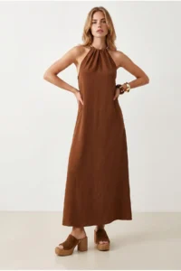 Olalook Women's Brown Halter Collar Chain Garnished Maxi Flowy Dress - Image 5