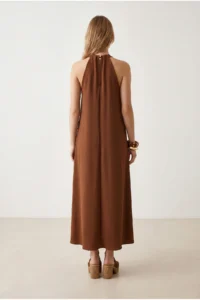 Olalook Women's Brown Halter Collar Chain Garnished Maxi Flowy Dress - Image 6