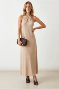 Olalook Women's Stone Halter Collar Chain Garnished Maxi Flowy Dress - Image 3