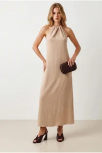 Olalook Women's Stone Halter Collar Chain Garnished Maxi Flowy Dress - Image 4