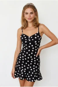 Olalook Women's Black Polka Dot Strap Adjustable Drape Detailed Mini Dress - Image 2