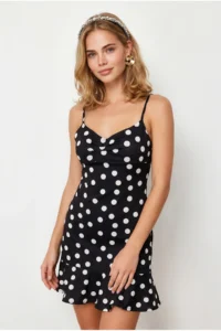 Olalook Women's Black Polka Dot Strap Adjustable Drape Detailed Mini Dress - Image 3