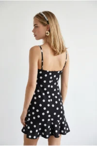 Olalook Women's Black Polka Dot Strap Adjustable Drape Detailed Mini Dress - Image 6