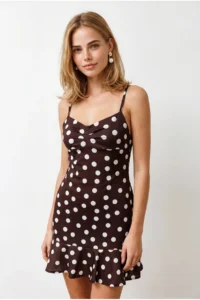 Olalook Women's Brown Polka Dot Strap Adjustable Drape Detailed Mini Dress - Image 4