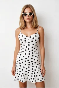 Olalook Women's White Polka Dot Strap Adjustable Drape Detailed Mini Dress - Image 2