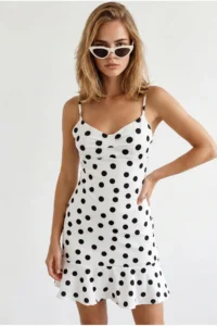 Olalook Women's White Polka Dot Strap Adjustable Drape Detailed Mini Dress - Image 3