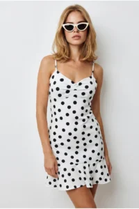 Olalook Women's White Polka Dot Strap Adjustable Drape Detailed Mini Dress - Image 4