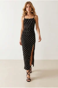 Olalook Women's Black Strap Slit Polka Dot Polyamide Dress