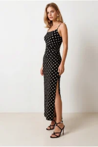 Olalook Women's Black Strap Slit Polka Dot Polyamide Dress - Image 2