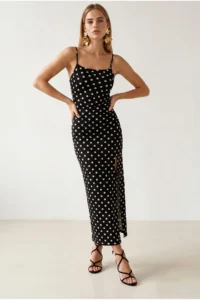 Olalook Women's Black Strap Slit Polka Dot Polyamide Dress - Image 3