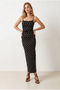 Olalook Women's Black Strap Slit Polka Dot Polyamide Dress - Image 4