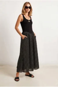 Olalook Women's Black Strap Polka Dot Detailed Long Dress