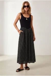 Olalook Women's Black Strap Polka Dot Detailed Long Dress - Image 3