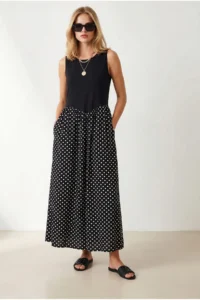 Olalook Women's Black Strap Polka Dot Detailed Long Dress - Image 4