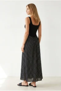 Olalook Women's Black Strap Polka Dot Detailed Long Dress - Image 5