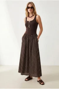 Olalook Women's Brown Strap Polka Dot Detailed Long Dress