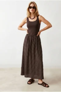 Olalook Women's Brown Strap Polka Dot Detailed Long Dress - Image 2