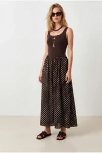Olalook Women's Brown Strap Polka Dot Detailed Long Dress - Image 3