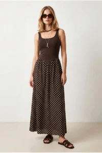 Olalook Women's Brown Strap Polka Dot Detailed Long Dress - Image 4