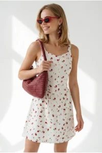 Olalook Women's Ecru Red Strappy Back Zippered Mini Woven Dress