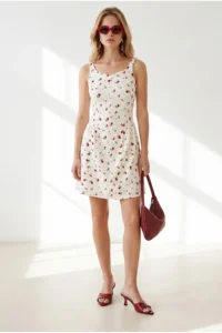 Olalook Women's Ecru Red Strappy Back Zippered Mini Woven Dress - Image 3