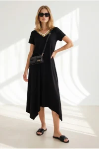Olalook Women's Black V-Neck Skirt Asymmetrical Knitted Viscose Dress - Image 2