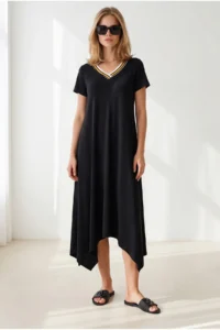 Olalook Women's Black V-Neck Skirt Asymmetrical Knitted Viscose Dress - Image 3