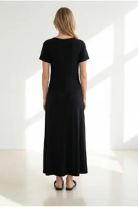 Olalook Women's Black V-Neck Skirt Asymmetrical Knitted Viscose Dress - Image 4
