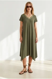 Olalook Women's Khaki V-Neck Skirt Asymmetrical Knitted Viscose Dress