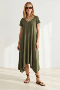 Olalook Women's Khaki V-Neck Skirt Asymmetrical Knitted Viscose Dress - Image 2