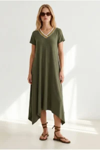 Olalook Women's Khaki V-Neck Skirt Asymmetrical Knitted Viscose Dress - Image 3