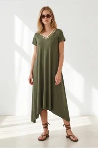 Olalook Women's Khaki V-Neck Skirt Asymmetrical Knitted Viscose Dress - Image 4