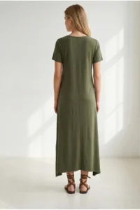 Olalook Women's Khaki V-Neck Skirt Asymmetrical Knitted Viscose Dress - Image 5