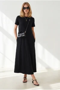 Olalook Women's Black Crew Neck Pocketed Modal Buttoned Flowy Dress - Image 2
