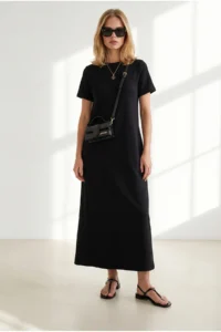 Olalook Women's Black Crew Neck Pocketed Modal Buttoned Flowy Dress - Image 3