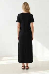 Olalook Women's Black Crew Neck Pocketed Modal Buttoned Flowy Dress - Image 4