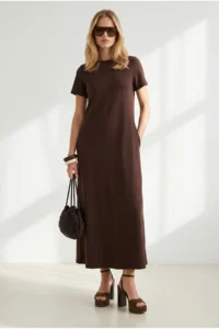 Olalook Women's Brown Crew Neck Pocketed Modal Buttoned Flowy Dress - Image 2