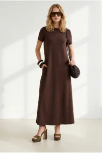 Olalook Women's Brown Crew Neck Pocketed Modal Buttoned Flowy Dress - Image 3