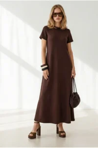 Olalook Women's Brown Crew Neck Pocketed Modal Buttoned Flowy Dress - Image 4