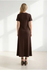 Olalook Women's Brown Crew Neck Pocketed Modal Buttoned Flowy Dress - Image 5