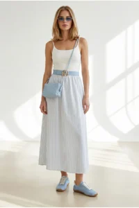 Olalook Women's Blue Strap Adjustable Striped Lined Long Dress