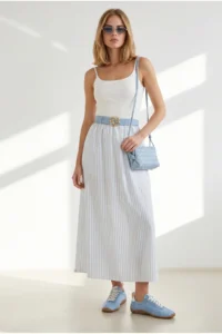 Olalook Women's Blue Strap Adjustable Striped Lined Long Dress - Image 2