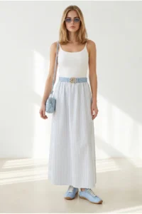 Olalook Women's Blue Strap Adjustable Striped Lined Long Dress - Image 3