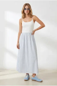 Olalook Women's Blue Strap Adjustable Striped Lined Long Dress - Image 4