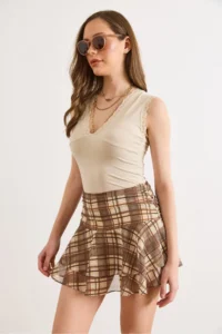 Olalook Women's Beige Zippered Plaid Tulle Skirt with Shorts - Image 3