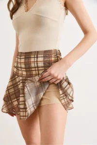 Olalook Women's Beige Zippered Plaid Tulle Skirt with Shorts - Image 5