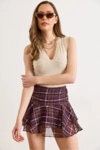 Olalook Women's Plum Zippered Plaid Tulle Skirt with Shorts